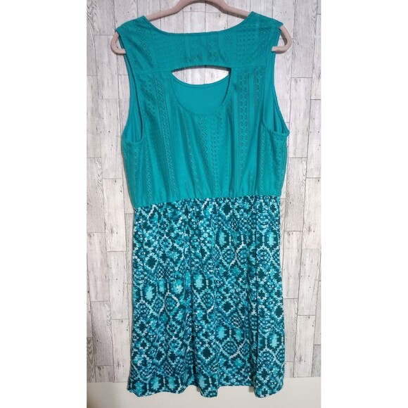 Faded Glory Midi Dress Back Cut Out, Lace Bodice Slits Teal Missing Belt Size 2X - Picture 2 of 4